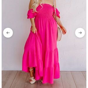 Off-Shoulder Smocked Maxi Dress in Hot Pink